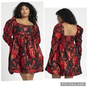 NWT Eloquii Black Metallic Red Floral Dress Size 22 Mini Puff Sleeve Castlecore